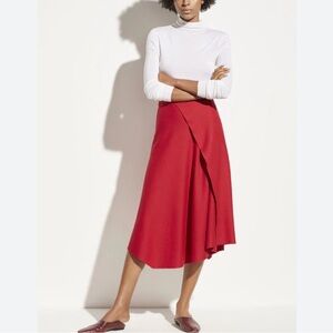 Vince Wool Blend Asymmetric Drape Midi Skirt in Crimson US 6